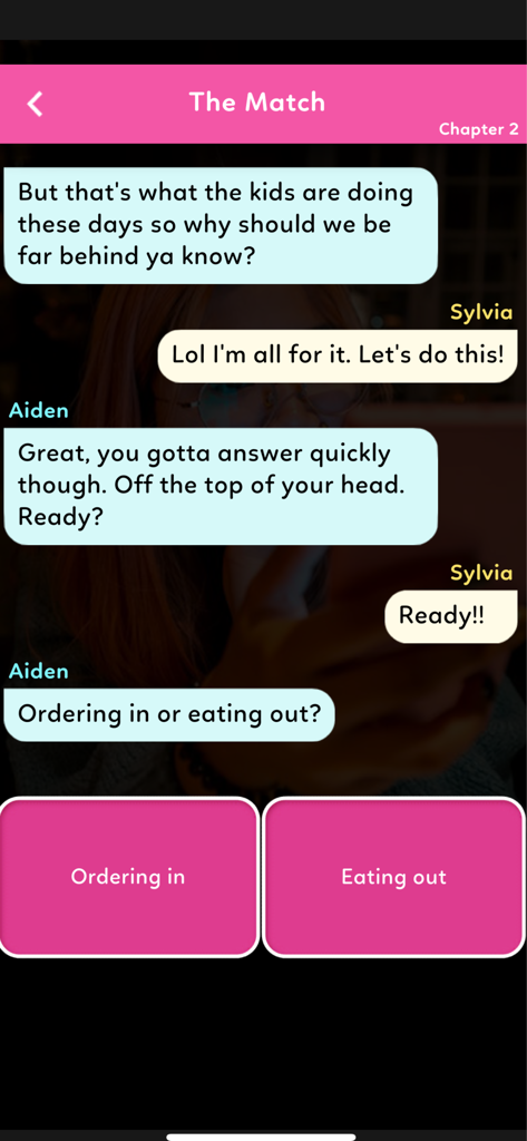 Interface of Love Chat Interactive Stories showing a conversation between Aiden and Sylvia with buttons to choose between ordering in or eating out.