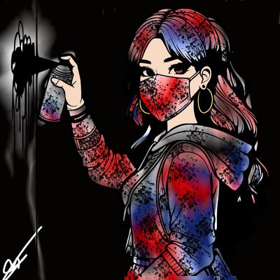 realistic girl with mask spray painting a wall
