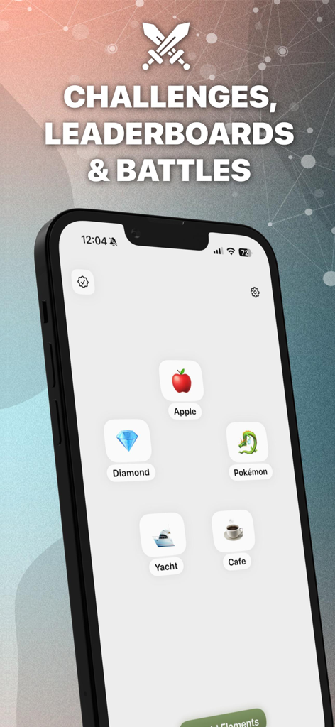 Infinite Craft AI Alchemist - Infinite Craft AI Alchemist app screen showcasing challenges leaderboards and battles with various crafted elements on an iPhone.