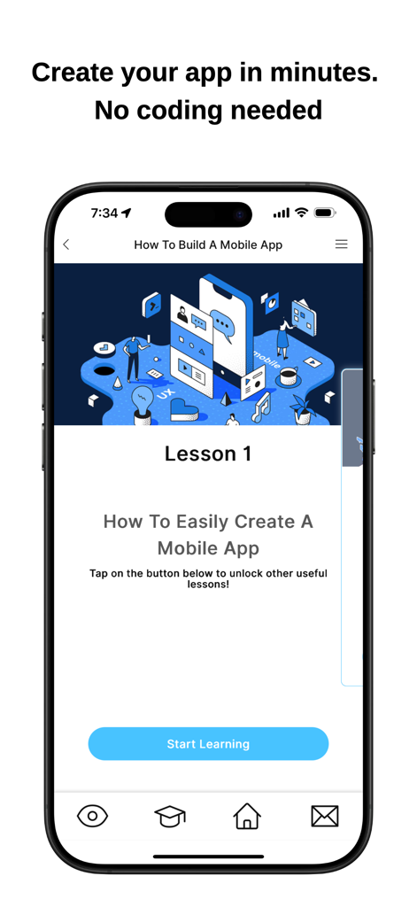 Buildfire - BuildFire app screen showing the first lesson on how to easily create a mobile app without coding