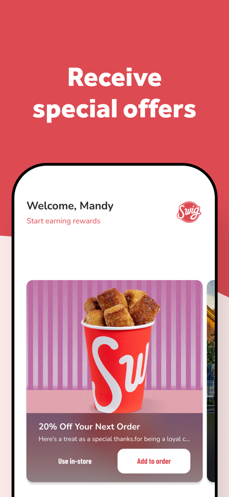 Swig Drinks mobile app screen showing a discount offer for loyal customers
