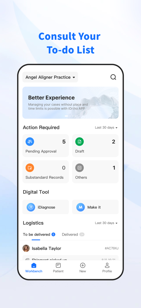 Painel de controlo da app Angel Aligner iOrtho para profissionais de odontologia