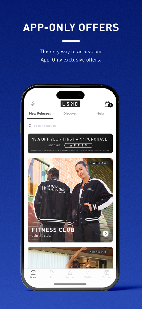 Captura de pantalla de la app móvil LSKD US mostrando ofertas exclusivas solo para la app y un código de descuento del 15 por ciento en la primera compra.