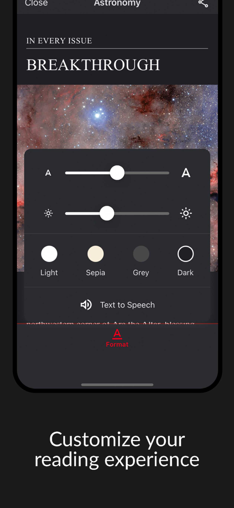 Astronomy Magazine - Astronomy Magazine app interface showing reading customization options like font size brightness and color themes over a nebula background