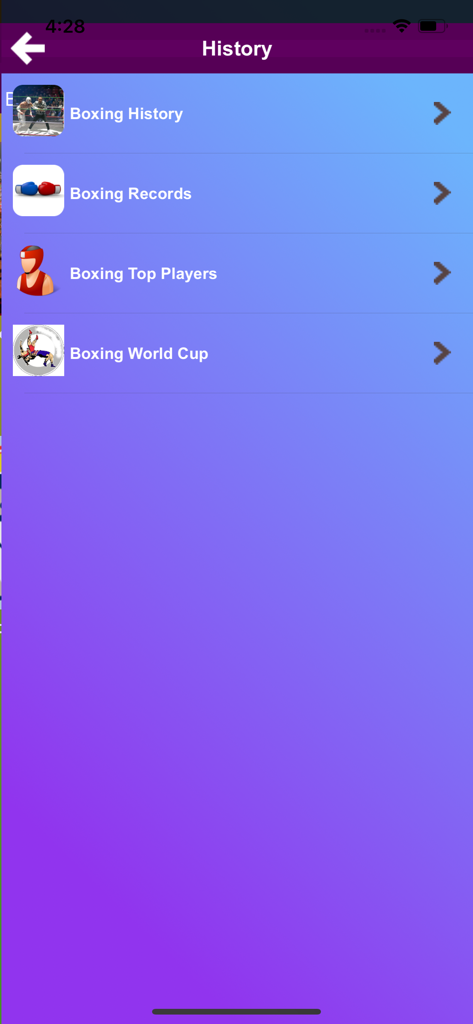 Boxing Tutorials - History menu in the Boxing Tutorials app featuring sections for history records and players