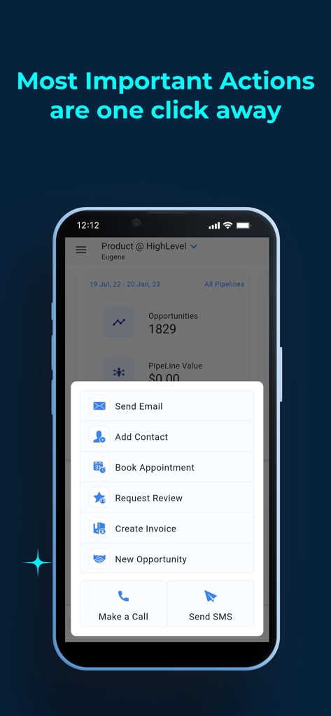 HighLevel mobile app interface displaying a quick actions menu for business tasks like sending emails, booking appointments, and making calls.