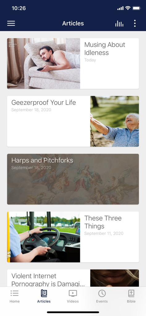 Back to the Bible Canada - Articles list in the Back to the Bible Canada app featuring blog posts for spiritual growth.