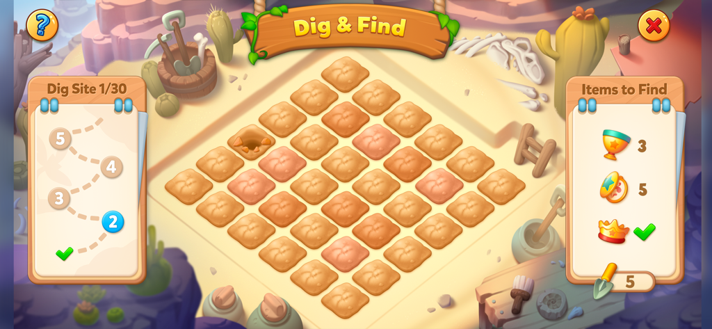Bingo Pop Dig and Find desert themed minigame interface