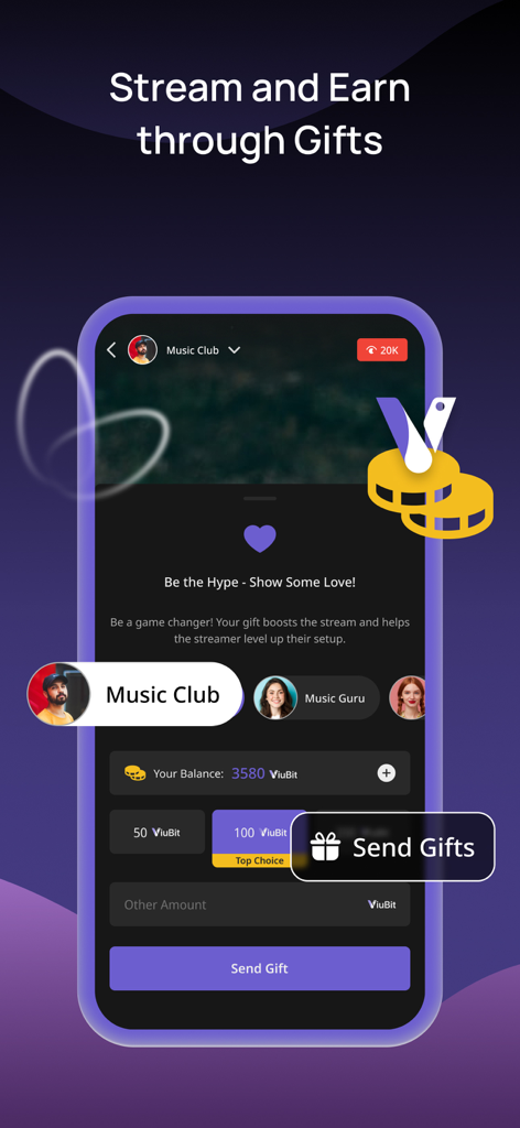 ViuLive: Multicam Live Stream - Una interfaz móvil de la aplicación ViuLive mostrando la pantalla de envío de regalos virtuales para apoyar a los transmisores en vivo.