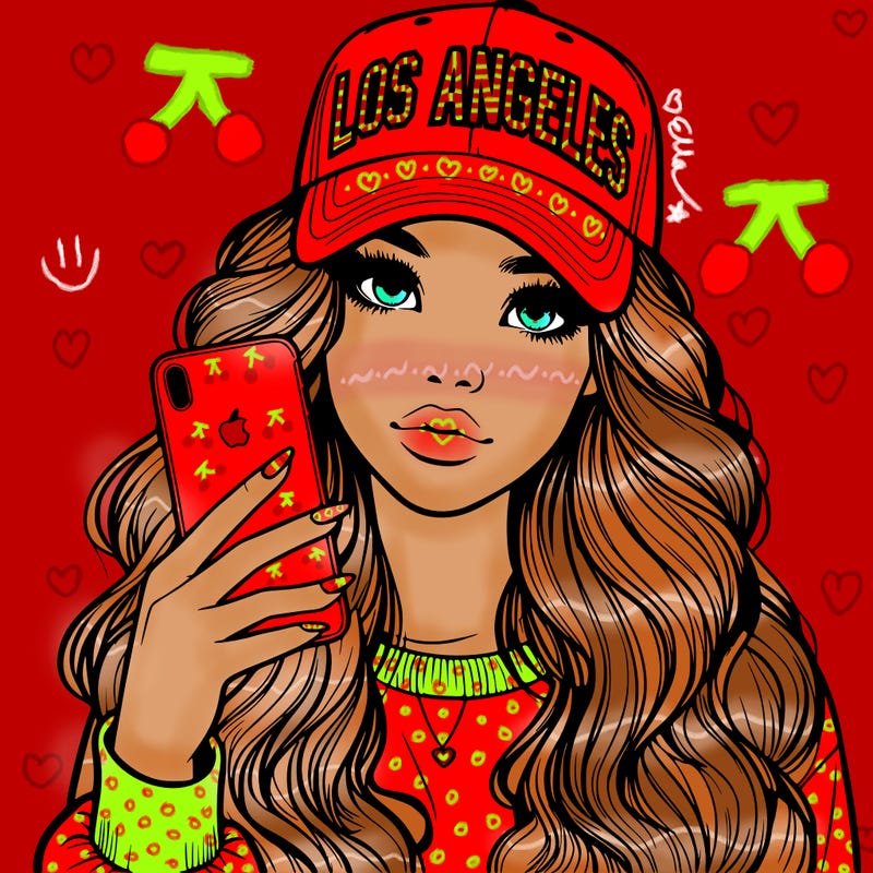 realistic beautiful girl wearing los ángeles cap holding an iphone