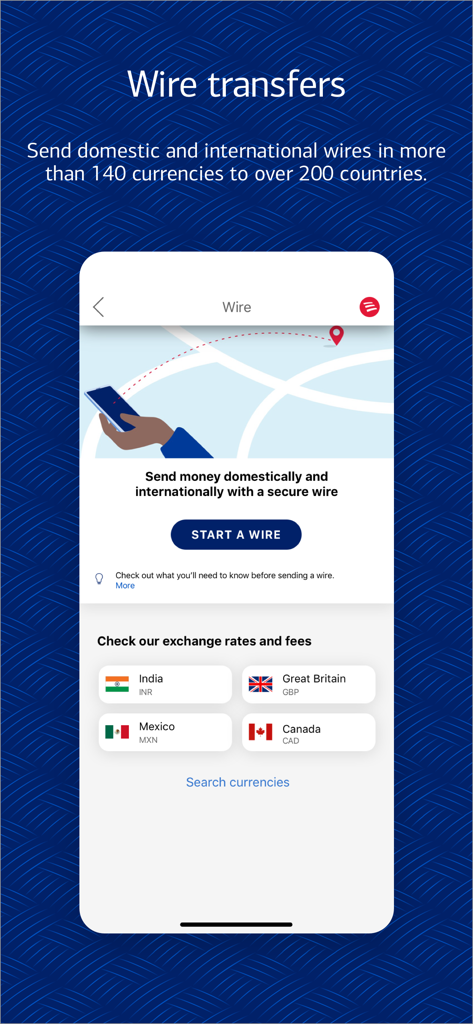 Bank of America mobile app interface for sending domestic and international wire transfers with exchange rates for various countries