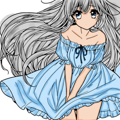 manga girl with long flowing hair and a dress that is pushed down