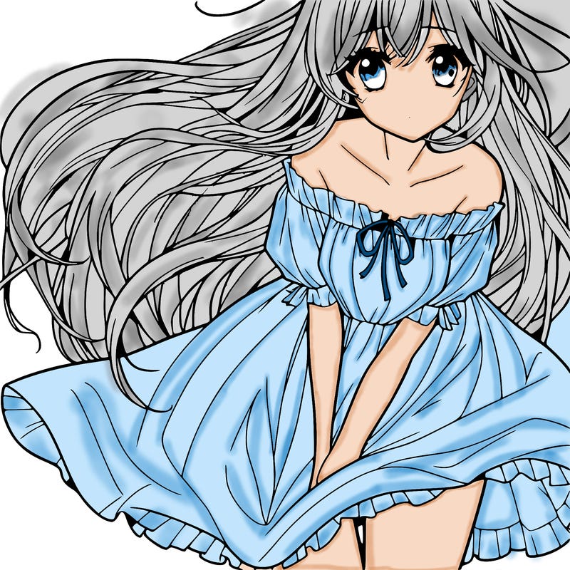 manga girl with long flowing hair and a dress that is pushed down