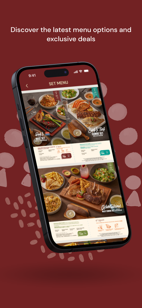 Outback Steakhouse Hong Kong mobile app displaying various set menu options and exclusive deals
