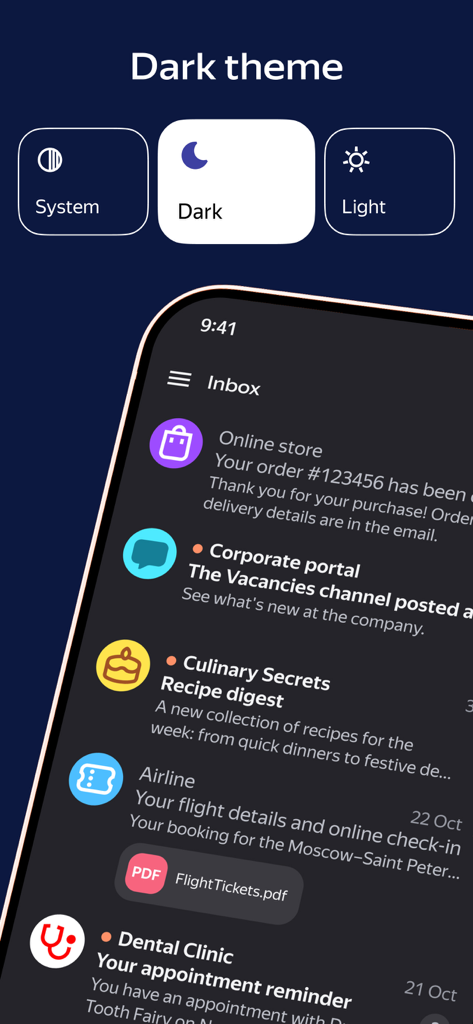 Yandex Mail app interface showing the dark mode theme selection and email inbox view