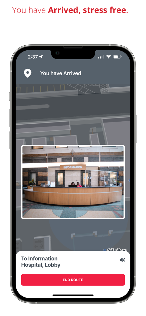 Grady GO! app screenshot showing a successful arrival message at the hospital lobby information desk with an indoor navigation map