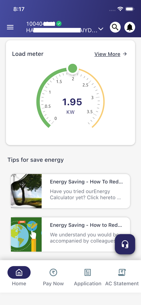 Torrent Power Connect - Dashboard of Torrent Power Connect mobile app showing energy load meter and saving tips