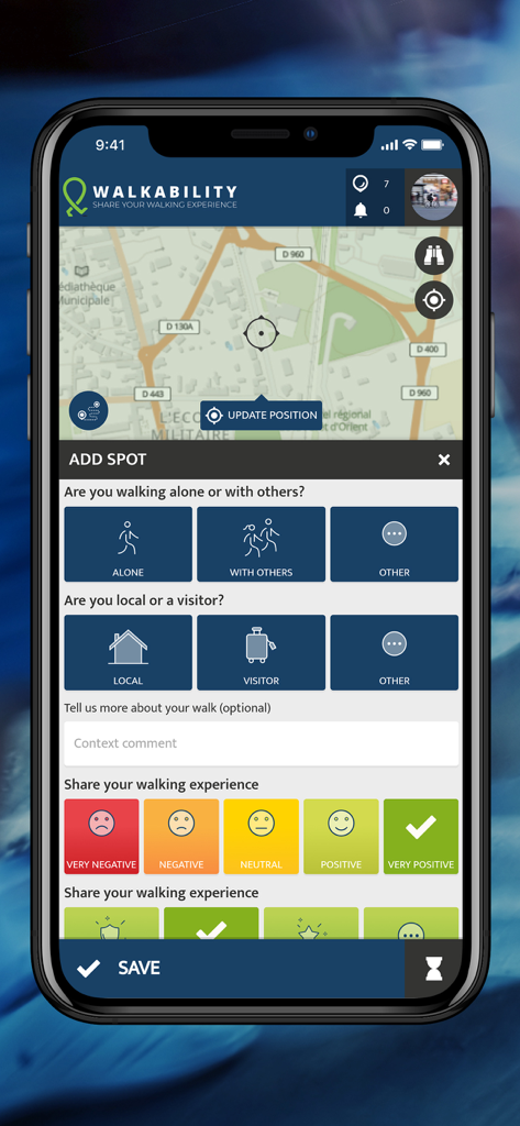 Walkability - User interface of the Walkability app for sharing walking experiences through maps and sentiment ratings