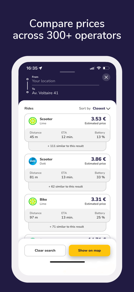 eScoot | e-scooters near you - eScoot app screen showing a list of available scooters and bikes from different operators with prices and battery levels