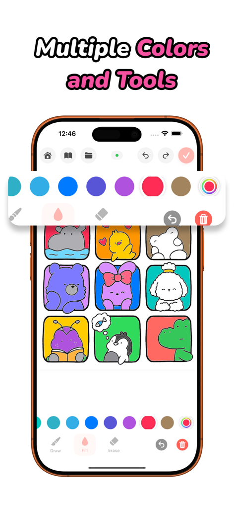 Doodle Together: Draw & Color - Smartphone screen showing the coloring app interface with multiple color options and a grid of cute animal drawings.