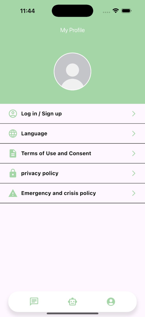 App Noor - Profile page of App Noor displaying settings for language and privacy