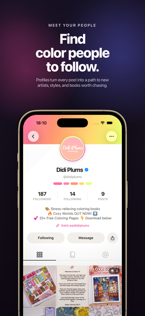 A user profile on the Colora app featuring follower stats, a creative bio, and a grid of coloring artwork.
