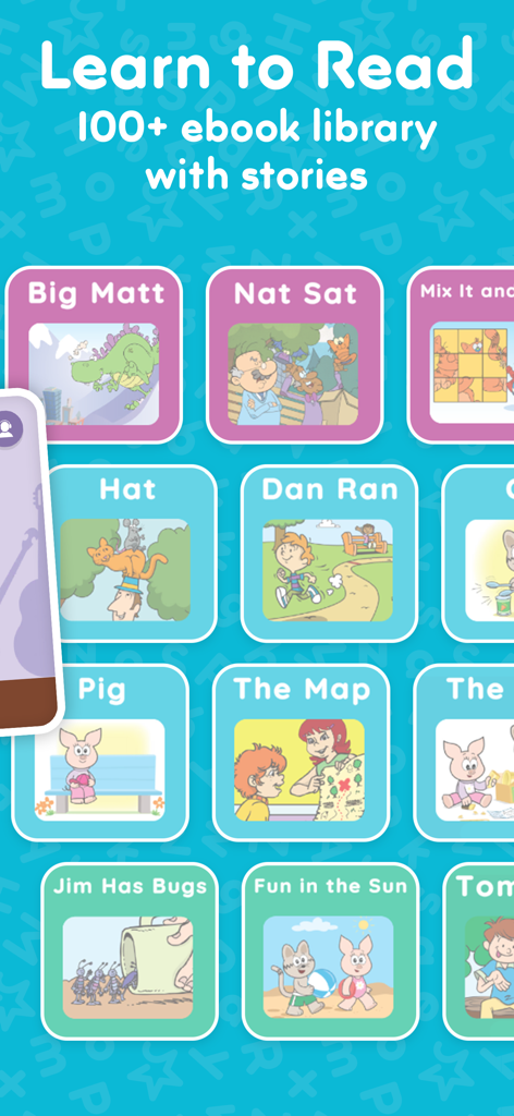 A library of children's ebooks with stories to help kids learn to read in the Hooked on Phonics app.