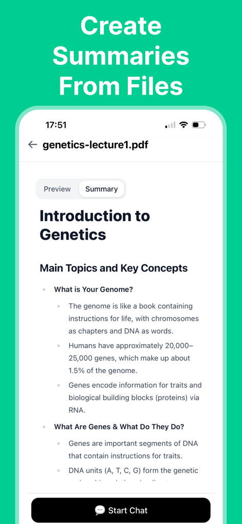 Memora: Study App & Flashcards - A screenshot of the Memora app displaying an AI-generated summary of a genetics lecture PDF with key concepts and a start chat button.
