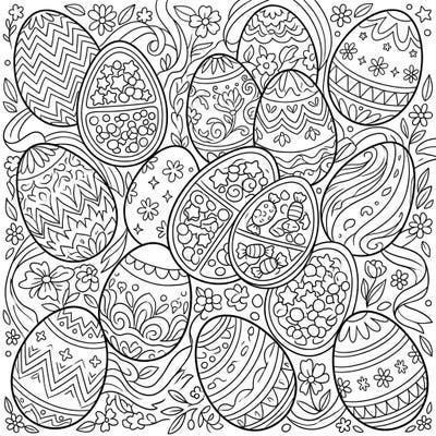 Dive into a delightful world of spring and sweets with this intricate chocolate Easter eggs coloring page. Discover beautifully decorated eggs, some revealing yummy candies, set amidst charming floral patterns.