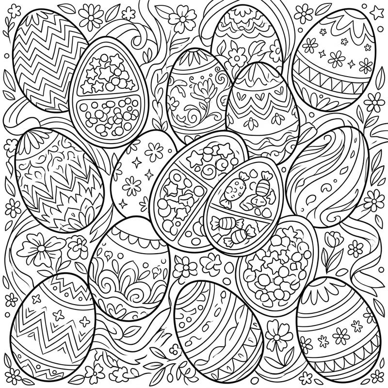 Dive into a delightful world of spring and sweets with this intricate chocolate Easter eggs coloring page. Discover beautifully decorated eggs, some revealing yummy candies, set amidst charming floral patterns.
