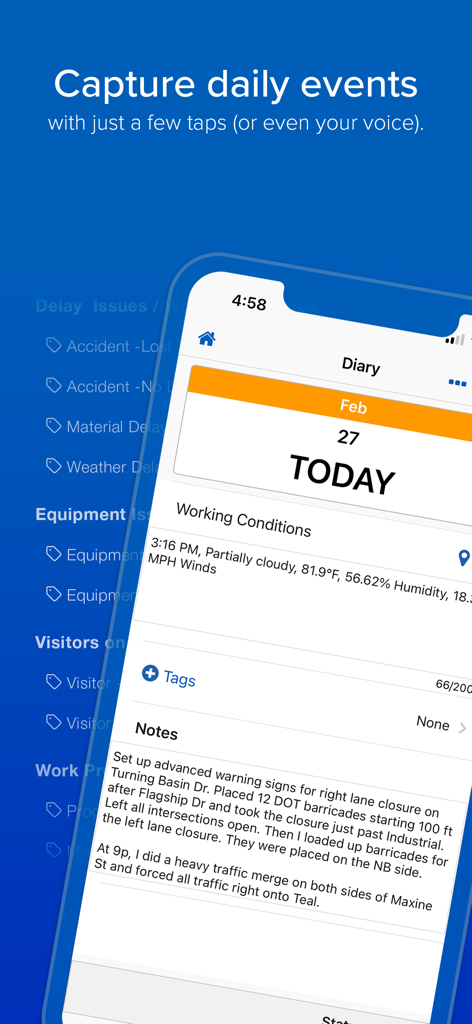 Tela do diário diário do aplicativo HCSS Field mostrando anotações sobre o clima e o canteiro de obras
