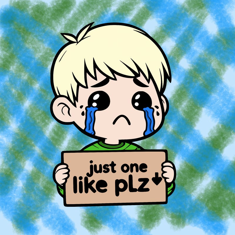 realistic crying boy with a sign saying just one like plz