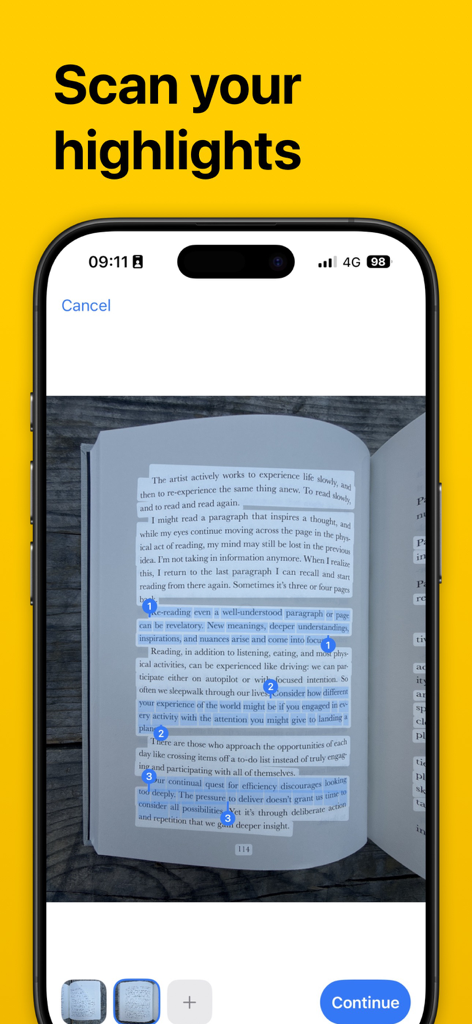 A smartphone scanning a physical book page with blue text highlights using the Highlighted app