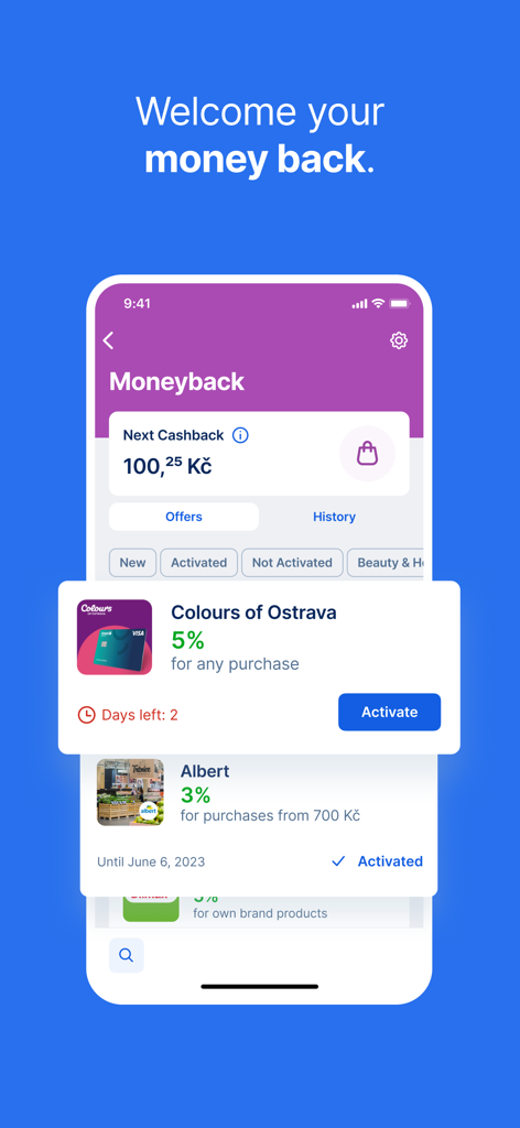 George Česko - A mobile interface of the George Česko app showing the Moneyback screen with current cashback balance and active merchant offers.