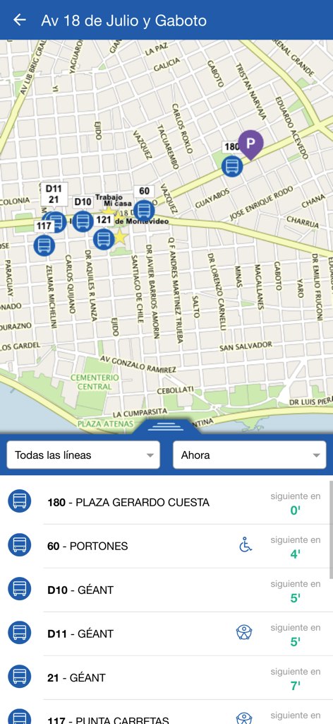 Mobile screen showing real-time bus tracking and arrival schedules in Montevideo.