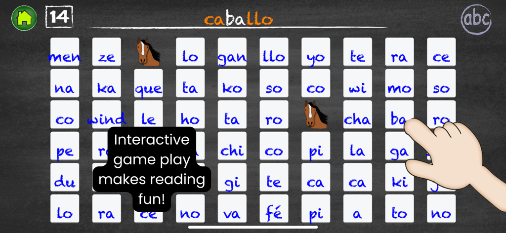 Lee Paso a Paso 2 - Juego interactivo de combinación de sílabas en español en Lee Paso a Paso 2 enseñando a los niños a deletrear la palabra caballo