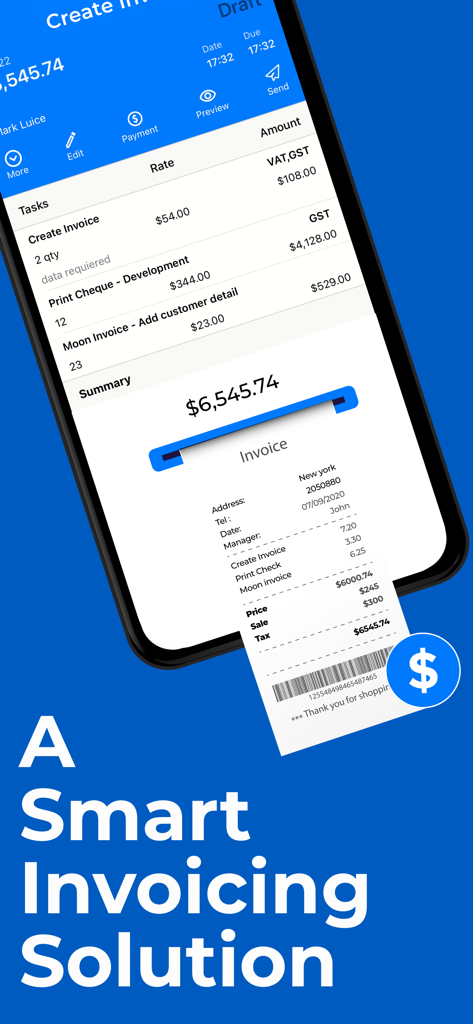 Écran de smartphone affichant l'interface de l'application Easy Invoice Maker avec une facture professionnelle et un reçu