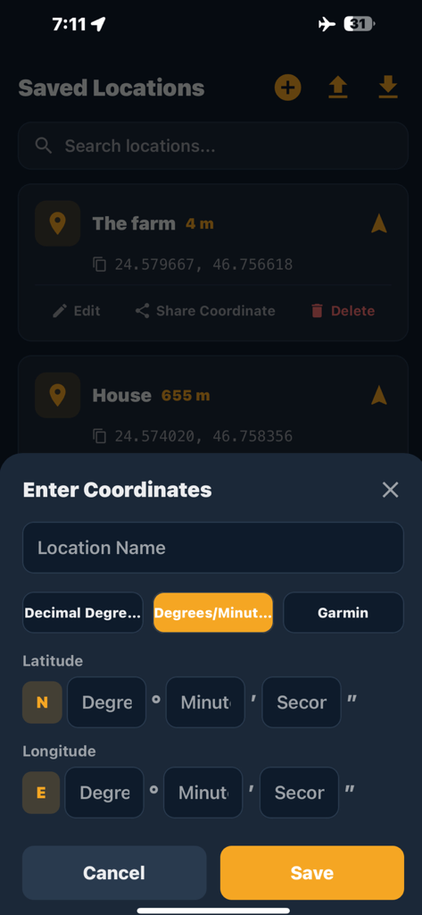 Manual coordinate entry screen in the Arrow GPS Offline app for saving locations