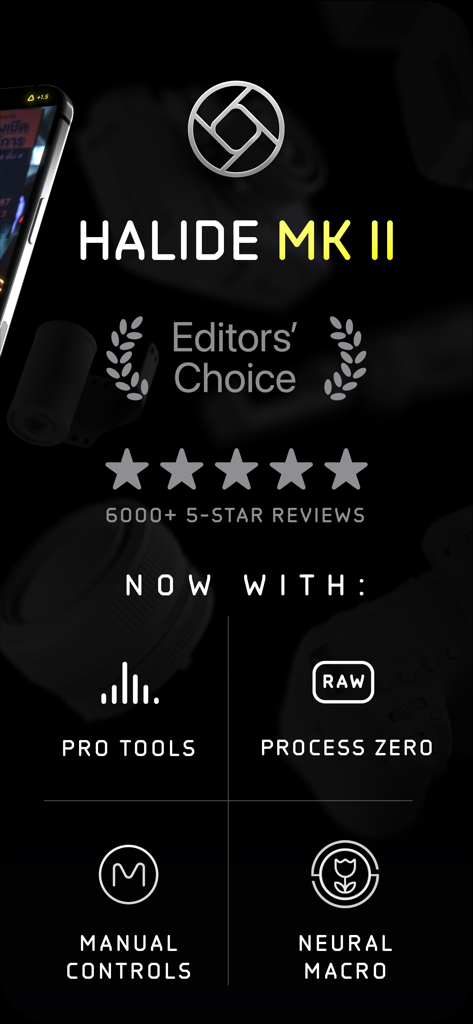 Halide Mark II Pro Cameraアプリの機能概要。エディターズチョイス賞とProcess Zero、マニュアルコントロールなどのプロフェッショナルツールを表示。