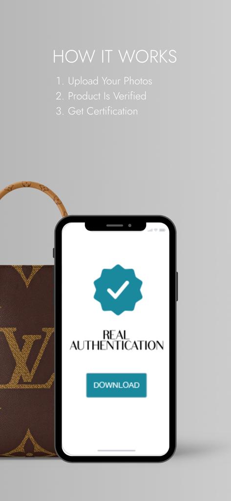 REAL AUTHENTICATION - Real Authenticationアプリの3つのステップ（写真のアップロード、商品の鑑定、証明書の取得）を示すインフォグラフィック