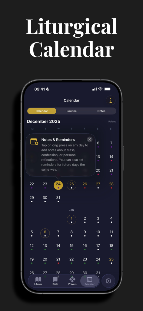 Lumen: Bible & Daily Readings - Pantalla del calendario litúrgico de la aplicación móvil Lumen mostrando diciembre de 2025 con recordatorios de oración.