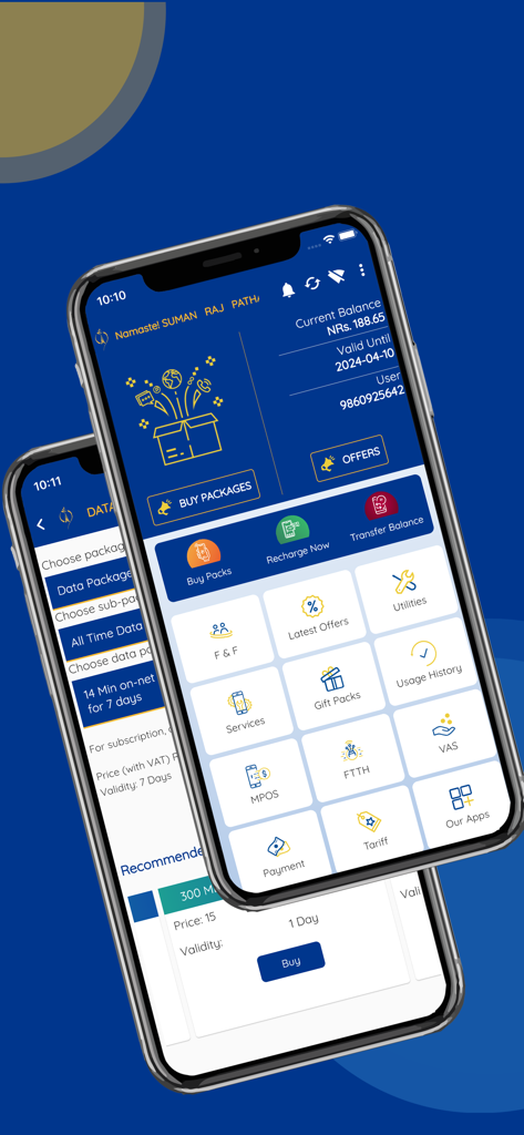 Nepal Telecom - Interfaz de la aplicación móvil Nepal Telecom que muestra el saldo actual y las opciones de recarga
