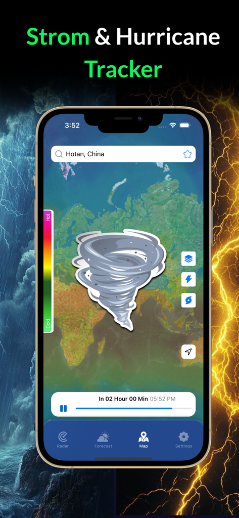 Tela de aplicativo de radar meteorológico ao vivo exibindo um rastreador de tempestade e furacão em um mapa com um ícone de tornado
