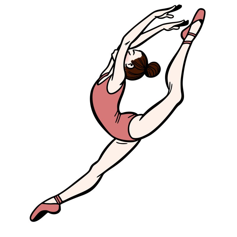 gymnast doing a leap in a leotard with a bent back leg