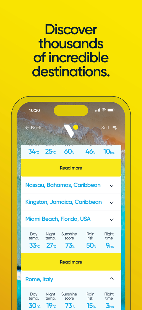 Vacay Weather - Pantalla de la aplicación Vacay Weather mostrando estadísticas climáticas y tiempos de vuelo para destinos de viaje como Nassau, Kingston y Roma.