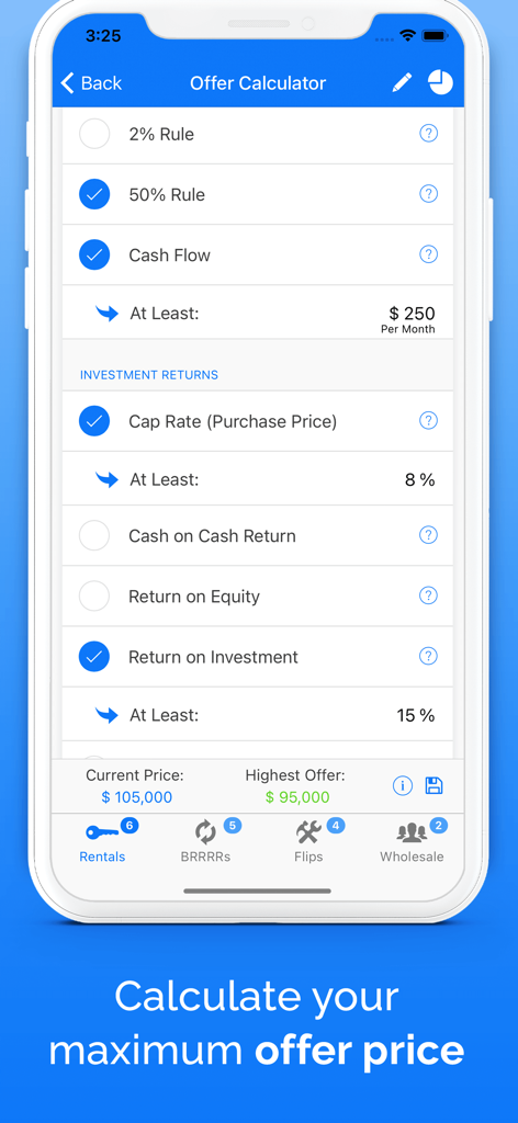 DealCheck: Analyze Real Estate - ROIとキャッシュフローに基づく不動産投資物件のオファー計算機を表示するDealCheckアプリのインターフェース
