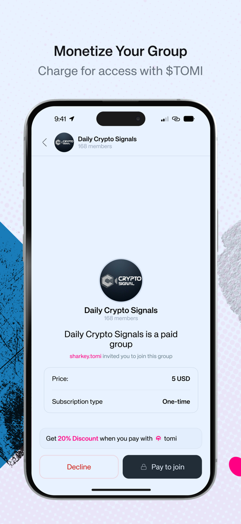 Mobile screen showing how to monetize a group by charging for access using TOMI cryptocurrency with a discount option.