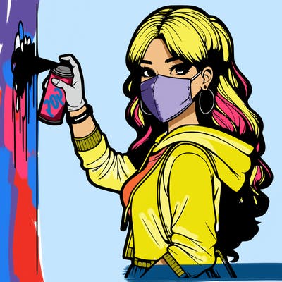 realistic girl with mask spray painting a wall