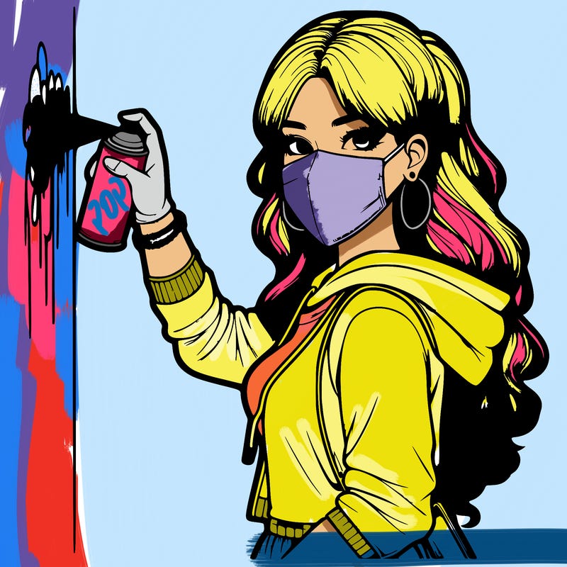 realistic girl with mask spray painting a wall