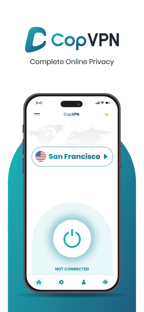 CopVPN - Fast & Secure VPN - Interfaz de la aplicación CopVPN en un iPhone mostrando el servidor de San Francisco y el botón de conexión.